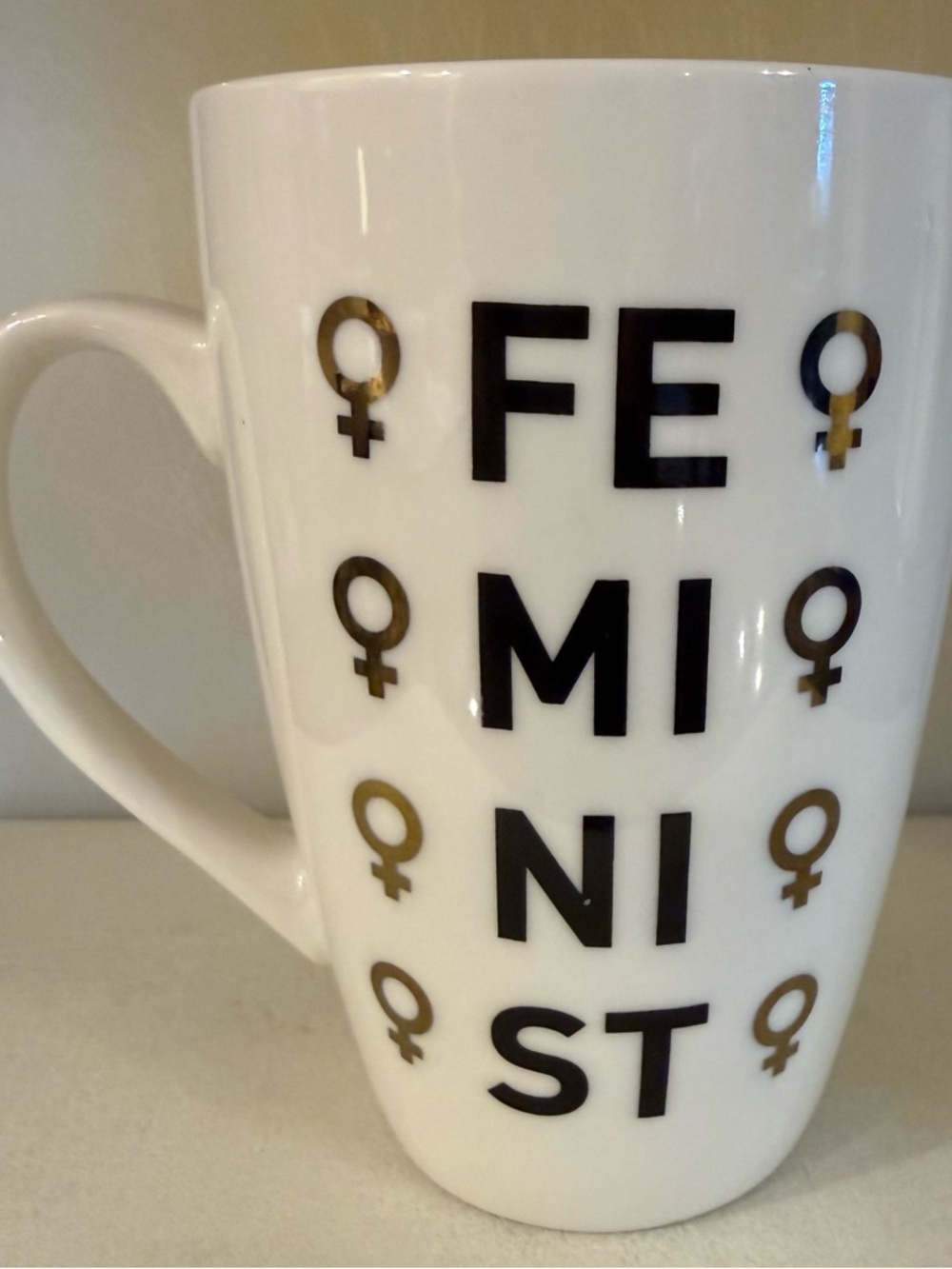 Feminist Ceramic 18 oz Coffee Mug - White with Black & Gold Accents